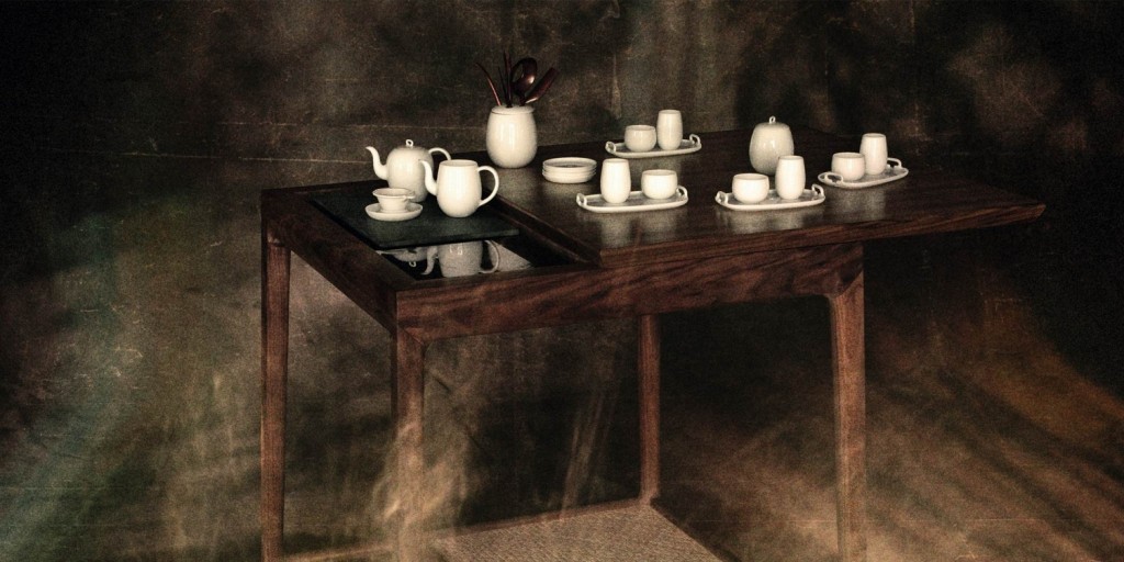 Table à thé "Da Tian DI" en bois de noyer avec plateau coulissant et une plaque chauffante en pierre, Shang Xia.