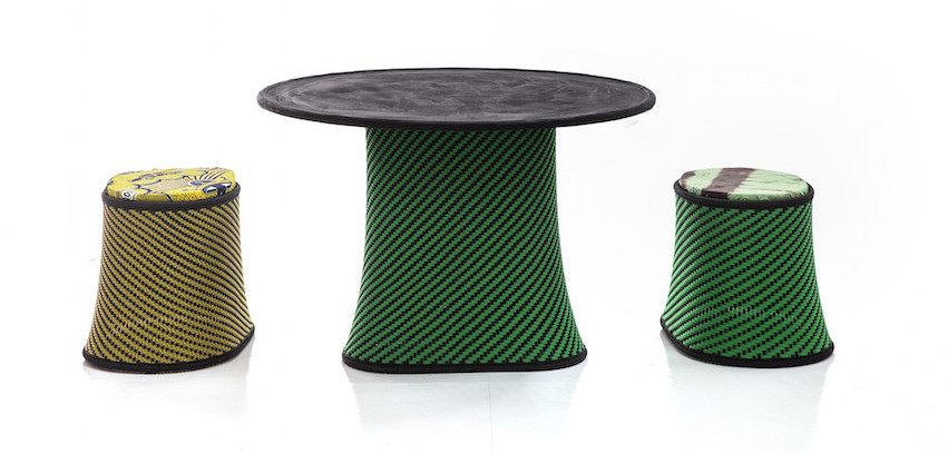 Table et tabourets Baobab en corde et polyéthylène plateau médium design Marc Thorpe Moroso