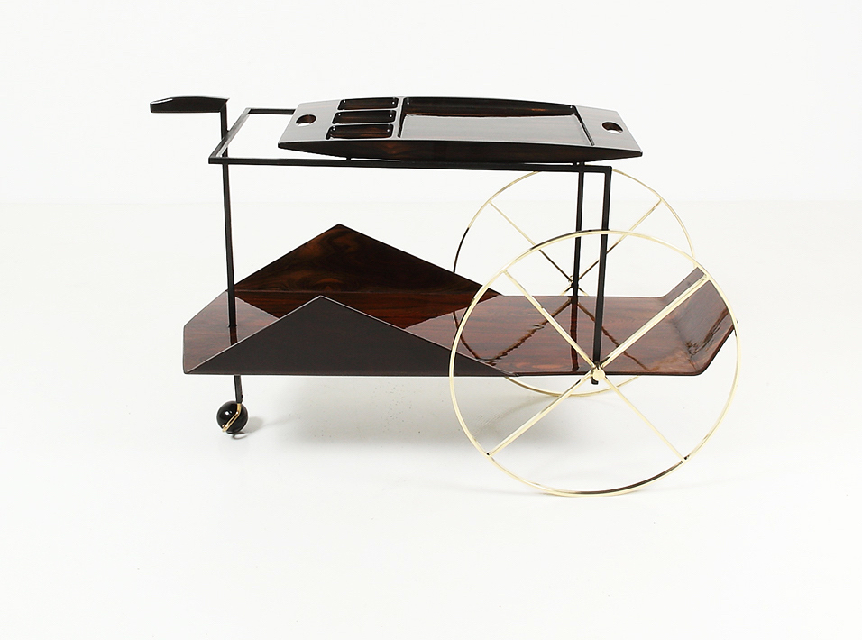 Table roulante Carrinho de cha, Jacaranta, laiton,métal, design Jorge Zalszupin, Galerie James 